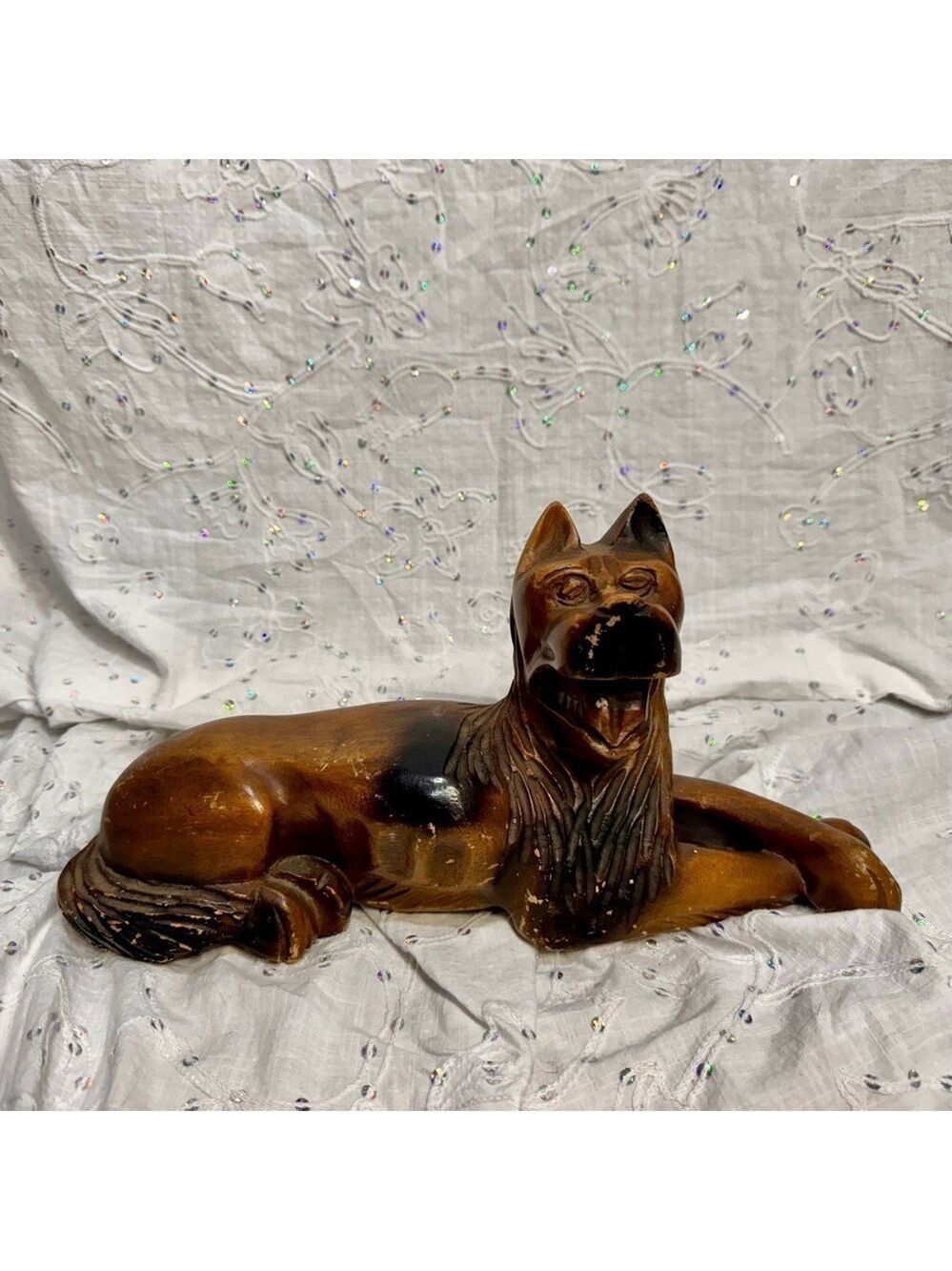 Vintage 1950s Hand-Carved Wooden Dog Statue – 13” L x 7” H x 4” W